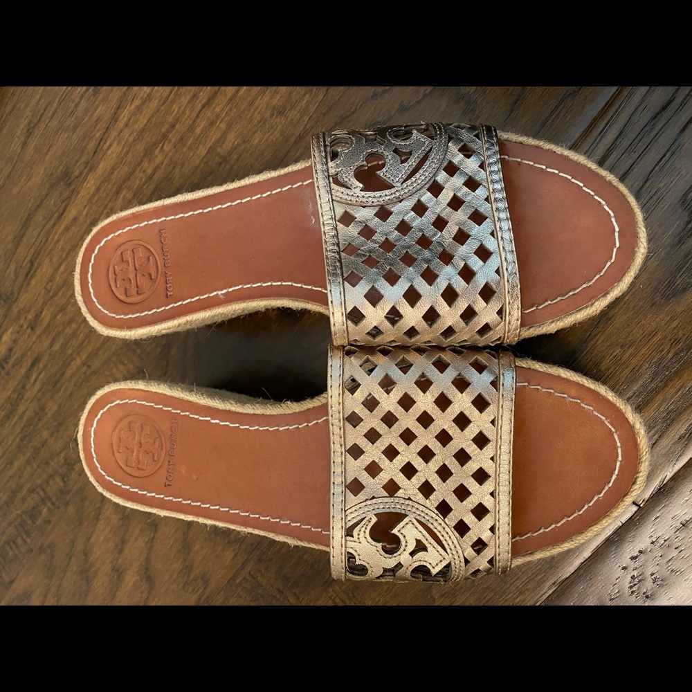 Tory Burch Metallic Wedge Slide Sandals sz 9